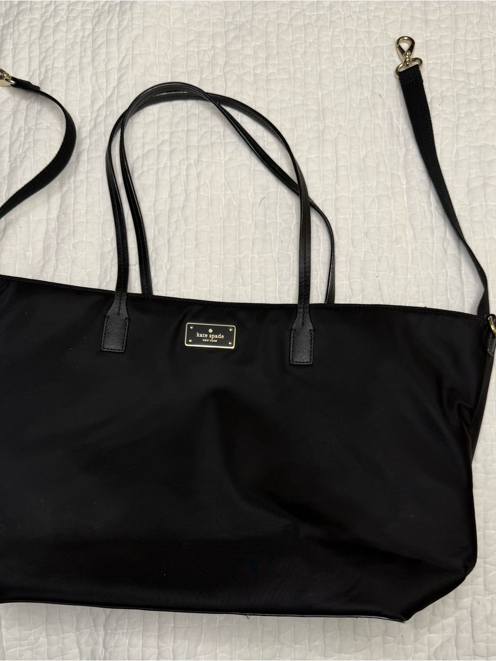 kate spade black nylon diaper bag tote with gold logo plate and changing pad